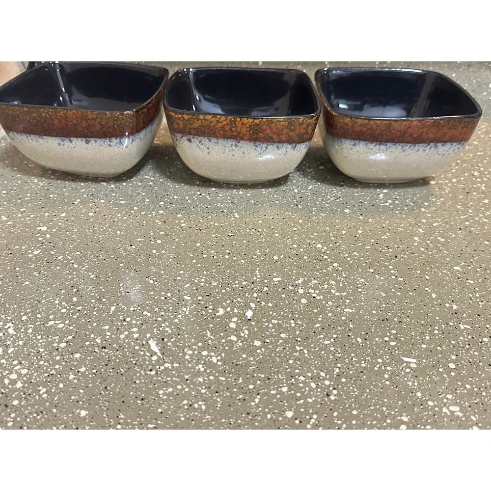 MasterCuisine Square Stoneware Bowls Set of 3 Tan‎ Blue Speckled Black Interior